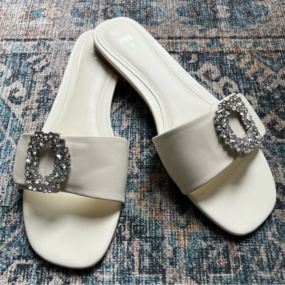 Zara - women's white embellished flat sandals - size 9